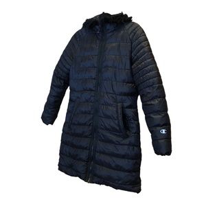 Champion Long Black Puffer Coat Fringe Hood Zip Polyfilled Warm Jacket Women’s S